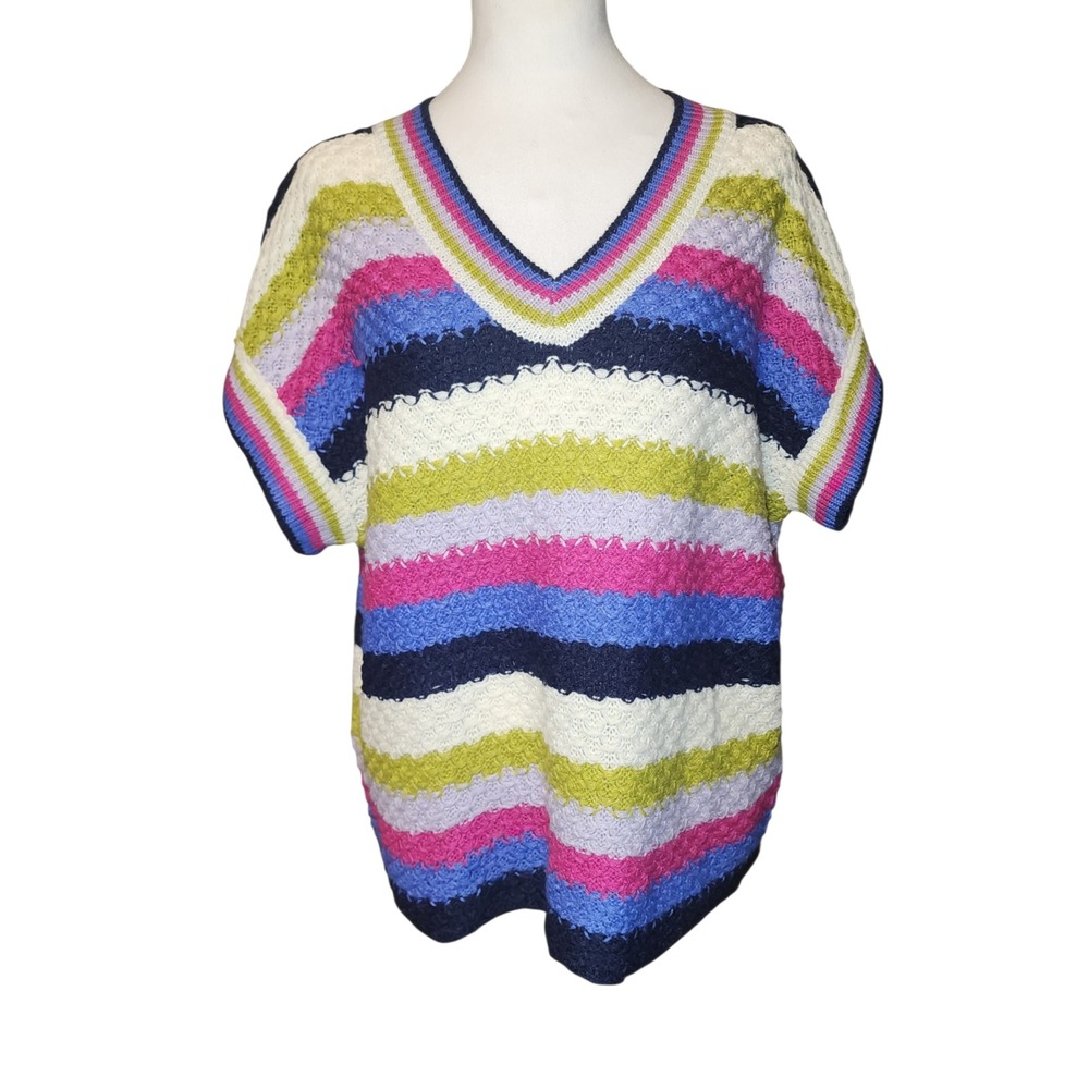 JODIFL Striped V Neck Short Sleeve Knit Sweater Top Size L Layered Work Casual